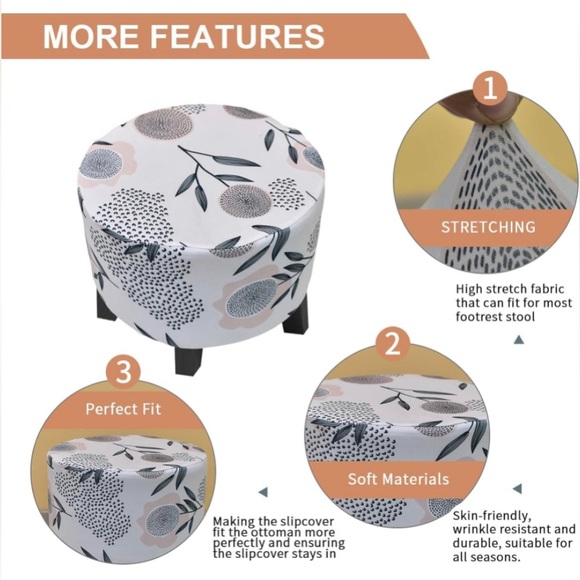 Stretch round Ottoman Slipcover for Foot Stool with Nonslip Elastic Bottom XL - Picture 3 of 6